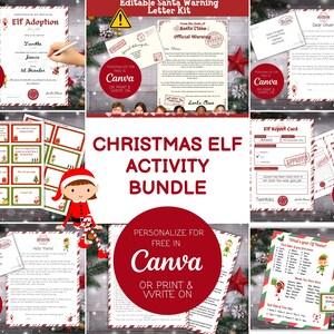 May include: A Christmas Elf Activity Bundle featuring printable templates such as an Elf Adoption certificate, Santa's warning letters, and an Elf Report Card. The bundle has red and green accents, festive illustrations, and Canva personalization.