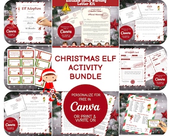 May include: A Christmas Elf Activity Bundle with various printable templates, including an Elf Adoption certificate, Santa's warning letters, and an Elf Report Card. The bundle features red and green accents, festive illustrations, and the option to personalize in Canva.