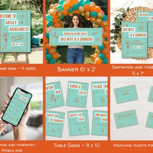 May include: A collection of bachelorette party stationery in teal and orange, featuring a welcome sign, a banner, invitations, itineraries, table signs, and matching cards with showgirl graphics and the text This Wife Is A Showgirl.