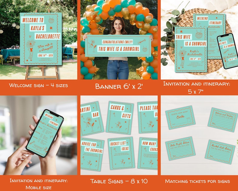 May include: A collection of bachelorette party stationery in teal and orange, featuring a welcome sign, a banner, invitations, itineraries, table signs, and matching cards with showgirl graphics and the text This Wife Is A Showgirl.