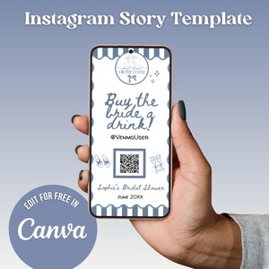 Edytowalny szablon Canva na Instagram Stories z napisem „Kup Pannie Młodej drinka na wieczór panieński”, motyw „Ostatni toast na wybrzeżu”, kod QR Venmo, PayPal