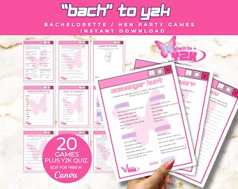 May include: A collection of printable hen party game sheets featuring a pink butterfly theme and Y2K aesthetic. The pages include titles like Scavenger Hunt, Emoji Pictionary, and Guess the Dress, with text boxes and checkboxes for interactive play.