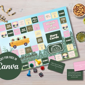 Camp Bachelorette Party Board Game Edit in Canva Summer Camping Hen Party Funny Drinking Game Custom Last Trail Before the Veil Parent Trap