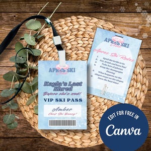 Puede incluir: Dos tarjetas rectangulares de papel con un fondo de acuarela azul claro y texto en blanco. Una tarjeta es un pase de esquí VIP etiquetado como Kayla's Last Shred, y la otra enumera las reglas de Apres Ski. Un cordón negro está unido al pase y un círculo azul dice Edit for Free in Canva.