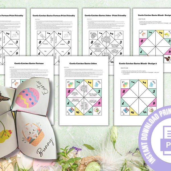 Easter Fortune Teller, Cootie Catcher, Chatterbox, Party Favor, Kids Printable Activity, Paper folding Game, Instant Download, Printable