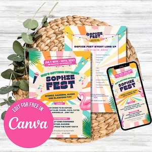 Pode incluir: Um convite colorido para um evento "Sophie Fest". O convite apresenta um flamingo rosa, notas musicais e o texto "Bebidas, dança, música e diversão glamping!" O evento está programado para 18 a 20 de julho de 20XX no ABC Glamping, The Cotswolds.