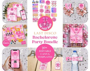 Last Disco Bachelorette Party aangepaste bewerkbare bundel, jaren 70 disco vrijgezellenfeest uitnodigen, reisschema, katerkit, games, fotorekwisieten Bewerken in Canva