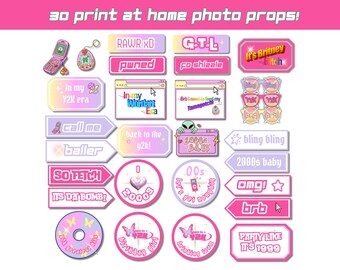 Y2K Birthday Photo Booth Props: 30 Print-at-Home Selfie Signs (Digital Download)