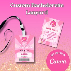 Bewerkbare laatste disco vrijgezellenfeest afdrukbare lanyard canvas sjabloon jaren 1970 vrijgezellenfeest aangepast bericht VIP-pas toegang tot alle gebieden disco koningin