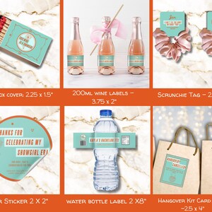 May include: A collection of party favor supplies including a matchbox, three mini wine bottles with labels, two pink scrunchies on tags, a round sticker, a water bottle with a label, and two paper gift bags with tags, all featuring teal and pink accents.