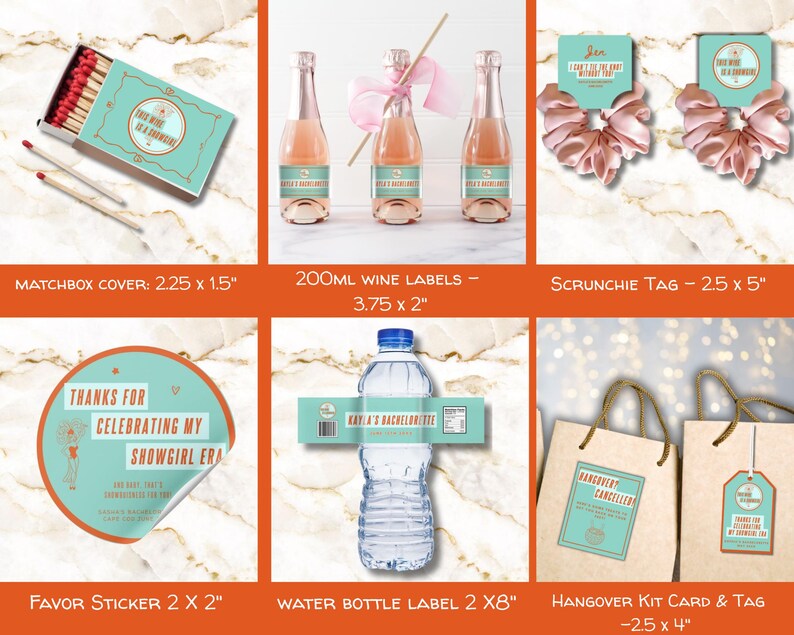 May include: A collection of party favor supplies including a matchbox, three mini wine bottles with labels, two pink scrunchies on tags, a round sticker, a water bottle with a label, and two paper gift bags with tags, all featuring teal and pink accents.