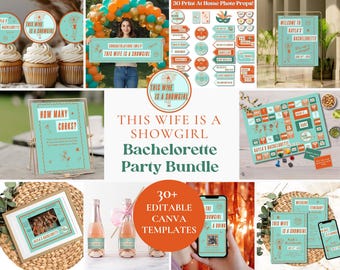 This Wife is a Showgirl Bachelorette Hen Party Bundle, Editable Digital Games Signs Invitations