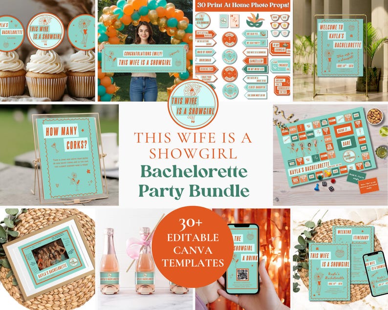 May include: A bachelorette party bundle featuring teal and orange printable templates, including cupcake toppers, photo props, a welcome sign, a game board, a photo frame, and digital invitations with the text This Wife Is A Showgirl.