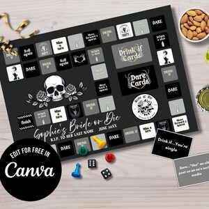 Gra planszowa Bride or Die Bachelorette Party Edytowalna w Canva Gra gotycka Hen Party Natychmiastowe pobranie Zabawna gra do picia Gra niestandardowa