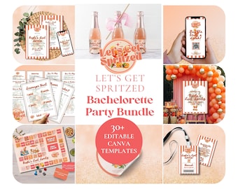 Let's Get Spritzed Bachelorette Party Custom Editable Bundle Invite, hen itinerary, hangover kit, drinking games, photo props Edit in Canva