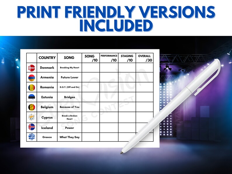 Eurovision Song Contest Scorecards 2023 All 37 Entries Song Titles A4
