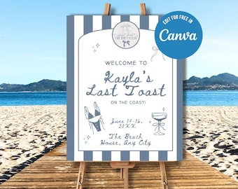 Last toast on the Coast Bachelorette Party Welcome Signs Editable Canva Template Printable Hen Party Signs 8 x 10, 16 x 20, 18 x 24, 24 x 36