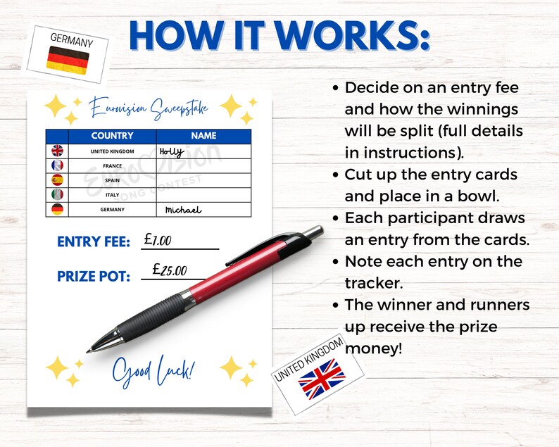 Eurovision Song Contest 2024 Sweepstake Kit Printable Party Game Office