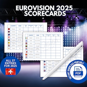 Scorekaarten Eurovisie Songfestival 2025 | Alle 37 inzendingen | Titels van nummers | A4- en A5-formaten | Afdrukvriendelijk | Direct downloaden | Thuis afdrukken