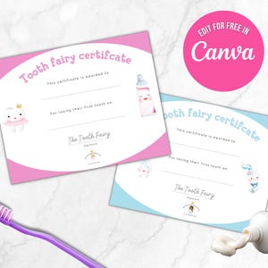 Certificado de Hada de los Dientes por la Pérdida del Primer Diente Imprimible para Escribir en Casa Editar en Canva Imprimible Descarga Instantánea Tamaño Carta A4 EE. UU.