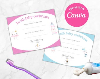 Tooth Fairy Certificate First Tooth Loss Printable Write On At Home Edit in Canva Printable Instant Download A4 US Letter Sizes