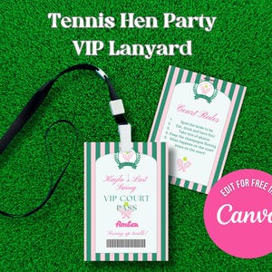 May include: A pink and green tennis-themed VIP lanyard with a white plastic holder and a black strap. The lanyard has the text "Kayla's Last Swing VIP Court Pass Amber Serving up trouble!" and a tennis racket icon. The lanyard is on a green grass background.