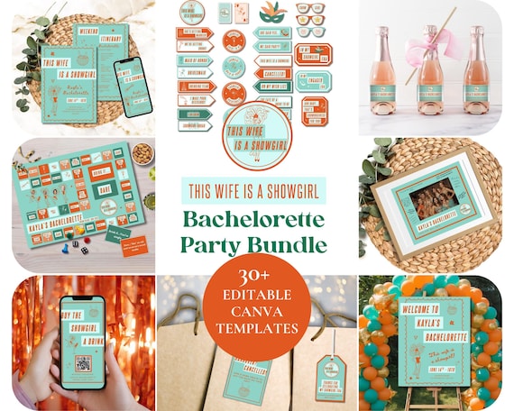This Wife is a Showgirl Bachelorette Hen Party Bundle, Editable Digital Games Signs Invitations