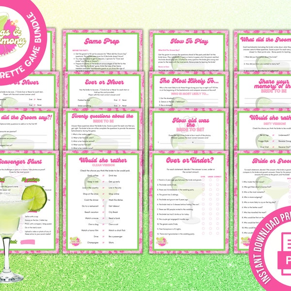 Margs & Matrimony Bachelorette party games printable bundle tropical Hen Party games Clean and Dirty versions, Ask The Groom game, digital