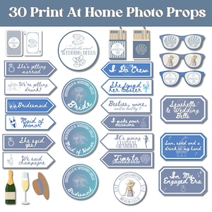 May include: A collection of 30 blue and white printable photo props featuring text such as She's getting married, I Do Crew, and In My Engaged Era. The set includes arrow signs, circular badges, glasses, and illustrations of a champagne bottle and hat.