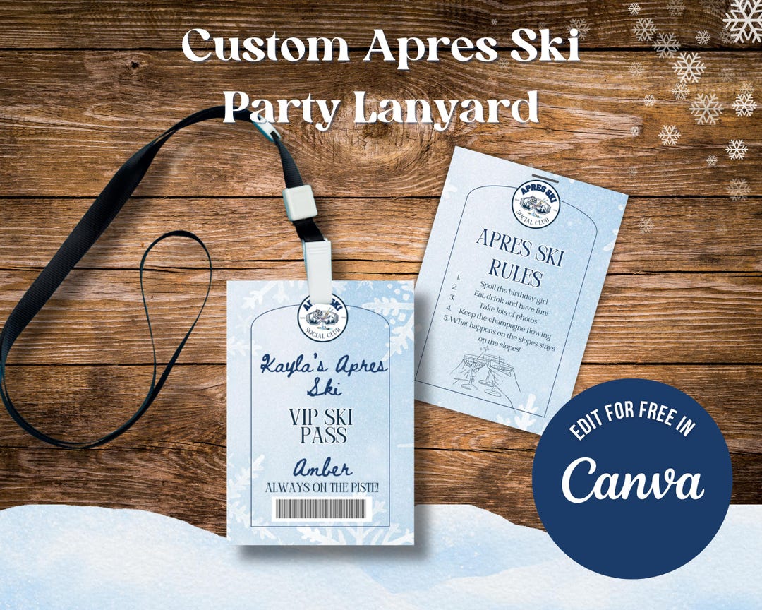 Editable Apres Ski 21st Birthday Party Printable Ski Pass Lanyard Canva ...