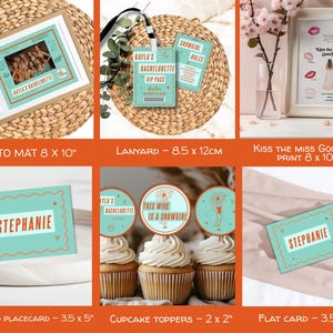 May include: A collection of bachelorette party stationery including an 8 by 10 inch photo mat, a 3.35 by 4.72 inch lanyard, an 8 by 10 inch Kiss the Miss Goodbye print, 3.5 by 5 inch tent fold placecards, 2 by 2 inch cupcake toppers, and flat cards.