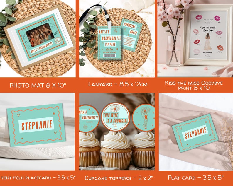May include: A collection of bachelorette party stationery including an 8 by 10 inch photo mat, a 3.35 by 4.72 inch lanyard, an 8 by 10 inch Kiss the Miss Goodbye print, 3.5 by 5 inch tent fold placecards, 2 by 2 inch cupcake toppers, and flat cards.