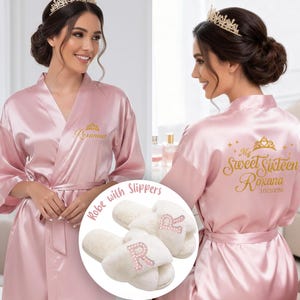 Sweet 16 Gold Rose Satin Robe and Slippers Set, Birthday Gift Sweet sixteen girl