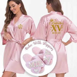Mis Quince Satin Robe and Slippers Set, Personalized XV