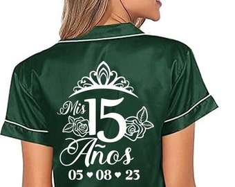 Mis Quince XV Pajama 4pcs set Green, FREE Personalization, Mis quince satin robes, sweet 16 Pjs, Cute gift Pjs, Mis XV squad