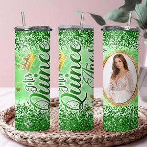 Mis Quince Emerald Glitter Tumbler 20 oz, Custom Sweet Sixteen Tumbler Birthday Gift, Personalized Mis Quince Squad Tumbler Gift Favor