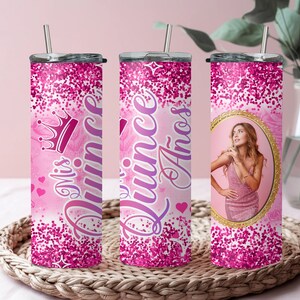 Mis Quince Pink Glitter Tumbler 20 oz, Custom Sweet Sixteen Tumbler Birthday Gift, Personalized Mis Quince Squad Tumbler Gift Favor