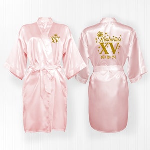 Mis Quince Light Pink Satin Robe, Mis Quince, FREE personalization, Mis XV satin robes, sweet 16 getting ready satin robe.