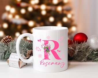 Christmas Mugs, Mug with Name, Initial Gift, Personalized 11oz Ceramic Coffee Mug, Custom Pink Christmas Mug, Christmas Mug Gift