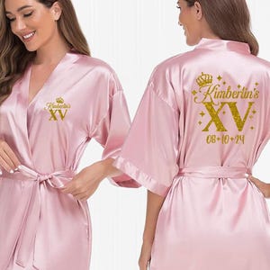 Mis Quince Gold Rose Satin Robe, Mis Quince, FREE personalization, Mis XV satin robes, sweet 16 getting ready satin robe.