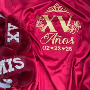 SET Mis Quince Satin Red Robe with Slippers, Mis Quince, FREE personalization, Sweet 16 satin robe, Slippers Mis xv