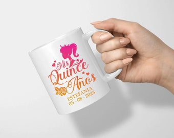 Set of 12, Mis Quince Años Princess Personalized Coffee Mug 11 oz favors, Mug Personalized with date, 15th Birthday Coffee Mug Favors