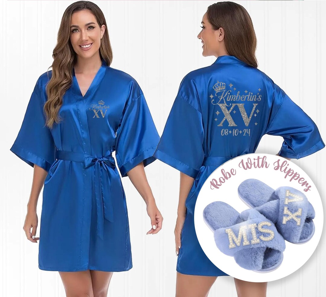 SET Mis Quince Satin Royal Blue Robe With Slippers, Mis Quince, FREE ...