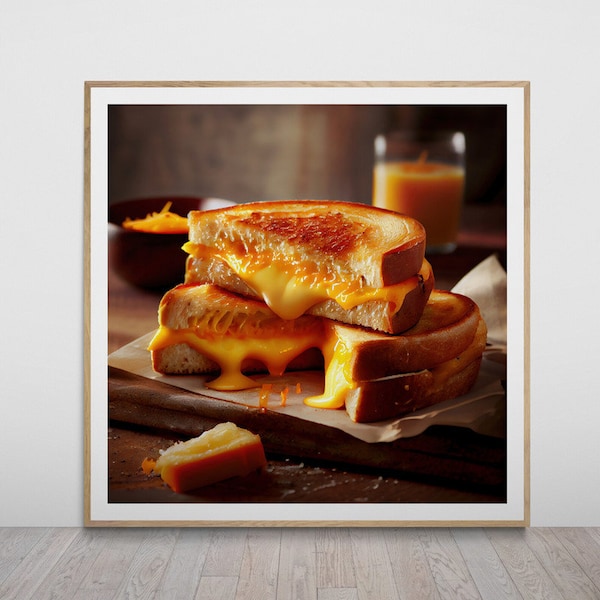 Grilled cheese sandwich with buttered bread and American Cheddar Print, Wall Art, Food Photography, Digital Download, Home Decor,AI Art,Gift