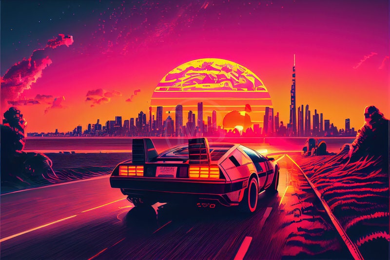 A Delorean Car Driving Towards Cybercity at Sunset Printable Wall
