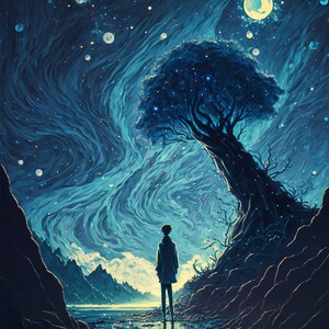Conjunto de 3 pintura de noche estrellada ilustrada de anime surrealista, arte de pared imprimible, descarga digital, regalo, arte AI, Studio Ghibli, Hayao Miyazaki