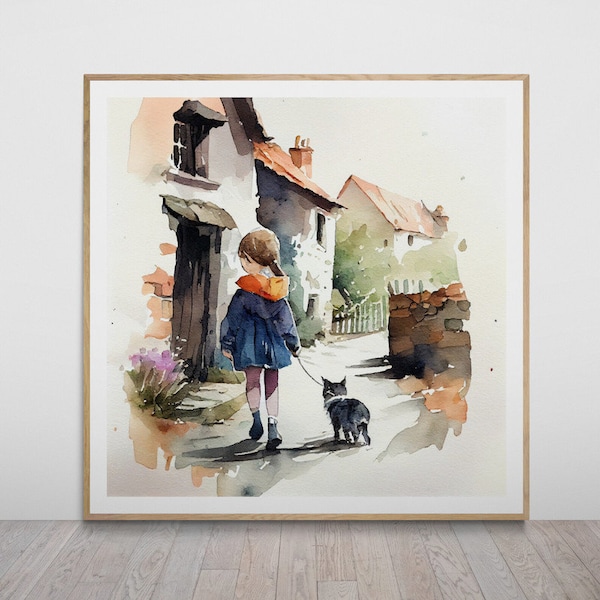 Set of 4 Village with small child with cat Print, AI Generated Wall Art, Digital Download, AI Art, Home Decoration,Watercolor,Printable