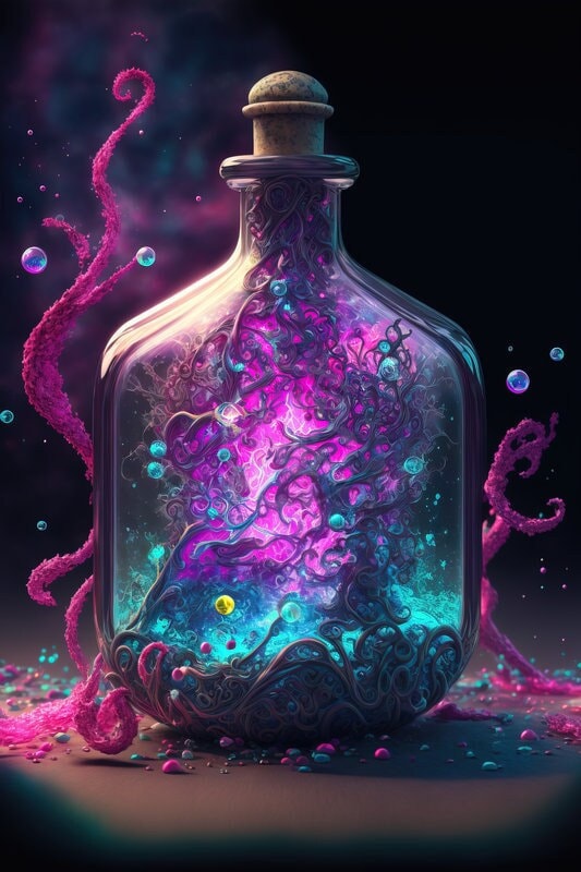 Set of 4 Fantasy Magical Glass Potion Bottle, Printable Wall Art