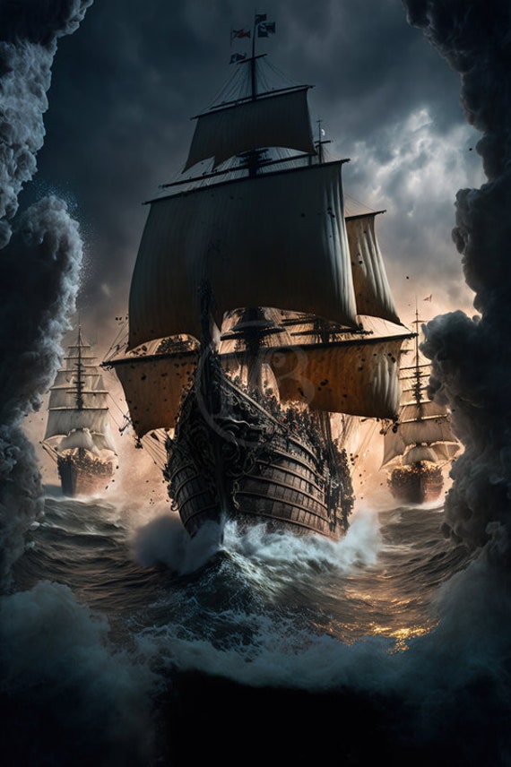 Set Of 2 Huge Ship Battle Between Pirates And English Army.