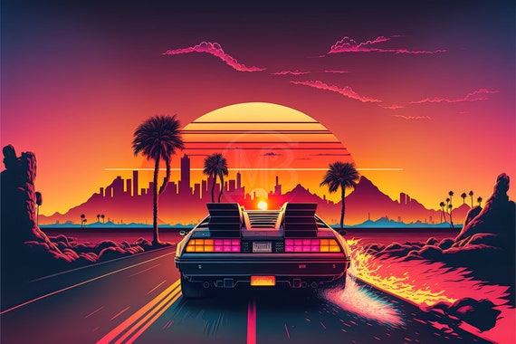 A DeLorean car driving towards cybercity at sunset Printable ...